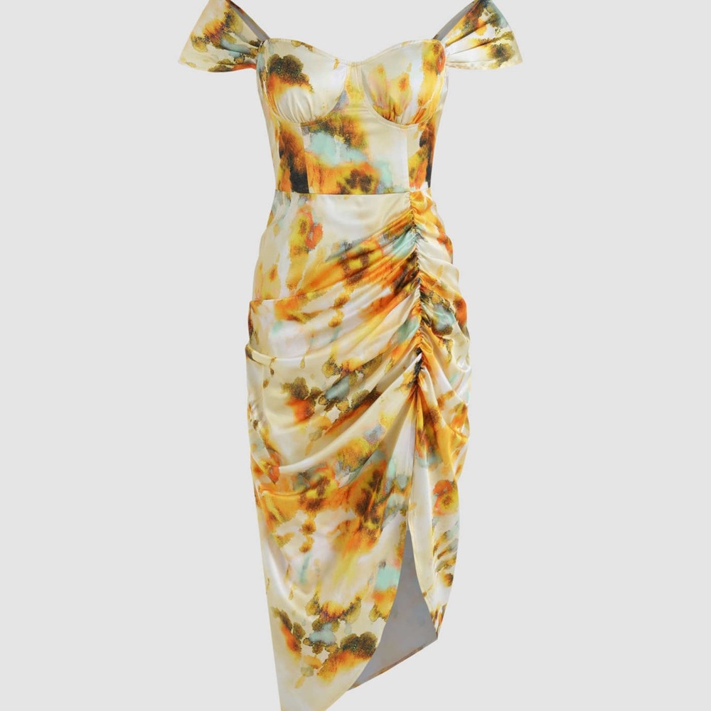 Cider Gold Brown Asymmetrical Ruched Sheath Dress